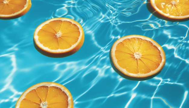 Fondo de verano con rebanadas de frutas de naranja en la piscina