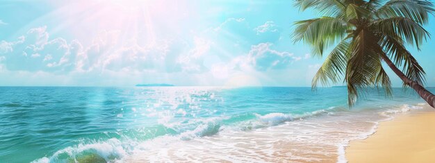 Fondo de verano soleado con playa de arena y roca de agua de palma