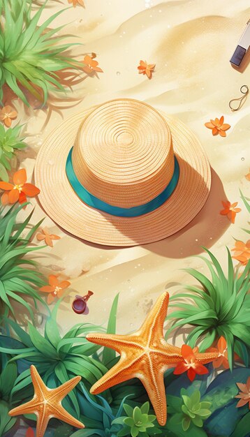Fondo de verano con sombrero gafas de sol conchas marinas y estrellas de mar en la arena