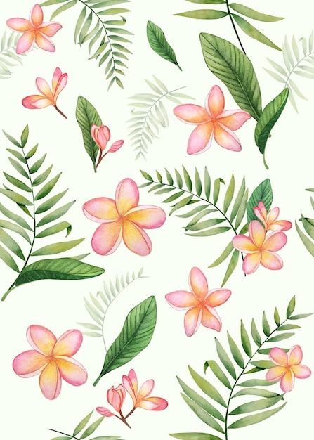 Fondo de verano transparente con flores tropicales y hojas Acuarela hecha a mano