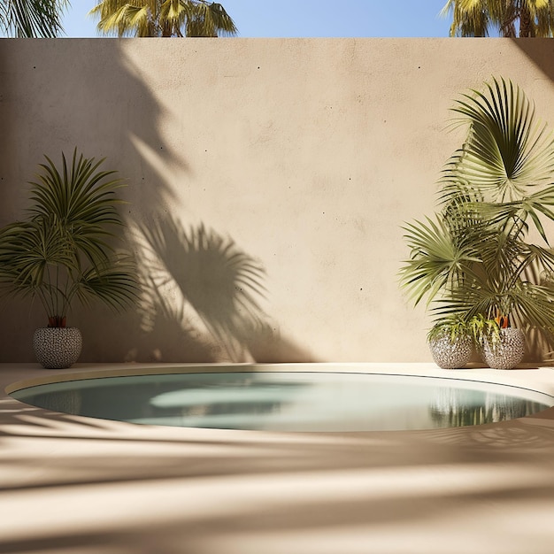 Fondo de verano tropical con agua de piscina de pared de hormigón y sombra de hoja de palma