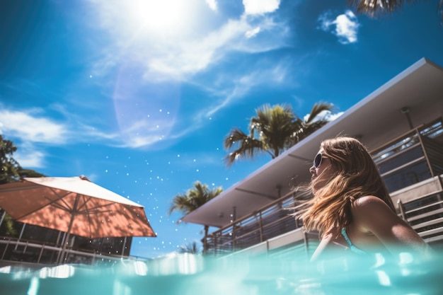 Fondo de verano tropical con pared de hormigón piscina de agua y sombra de hoja de palma Hotel de lujo