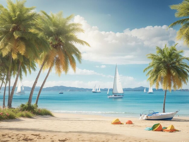 Fondo de verano con vista a la playa con veleros.