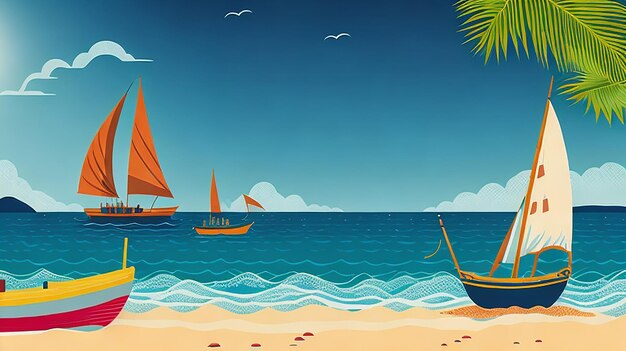 Fondo de verano con vista a la playa con veleros