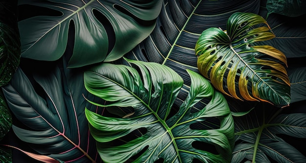 Fondo verde abstracto de plátano tropical y hojas de Monstera creado con tecnología de IA generativa