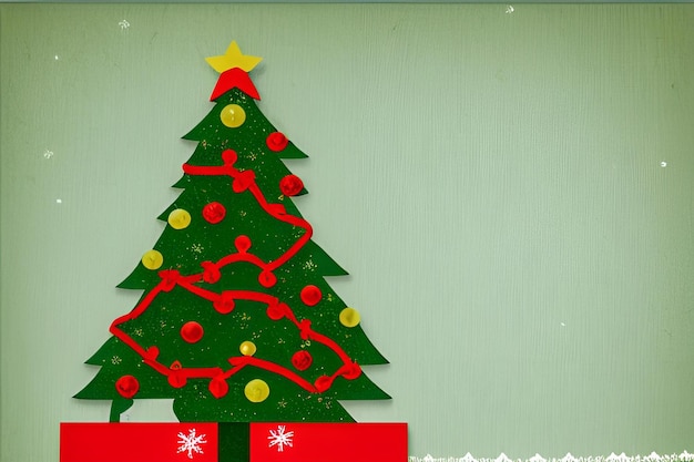 un fondo verde con un árbol de Navidad y una cinta roja