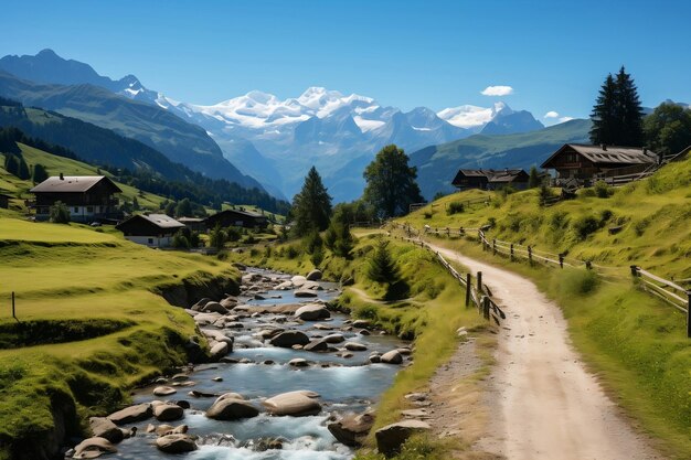 Foto fondo verde aventura alpina revelada una estancia de verano a través de la majestuosa montaña de suiza