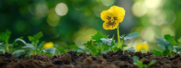 Un fondo verde borroso cubre una flor amarilla que crece desde el suelo