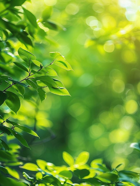 Fondo verde borroso con el sol brillando a través de las hojas de un árbol