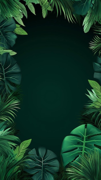 Fondo verde con decoración de hojas de plantas tropicales