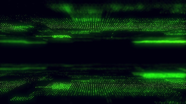 Fondo verde digital de partículas Ilustración futurista abstracta Visualización de grandes datos Tecnología de puntos dinámicos Renderización 3D de fondo