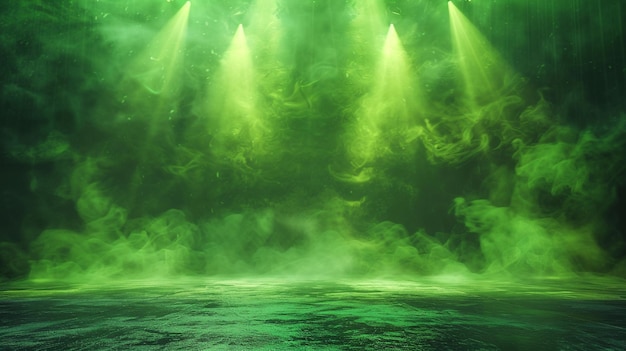 Fondo verde del escenario con humo y focos