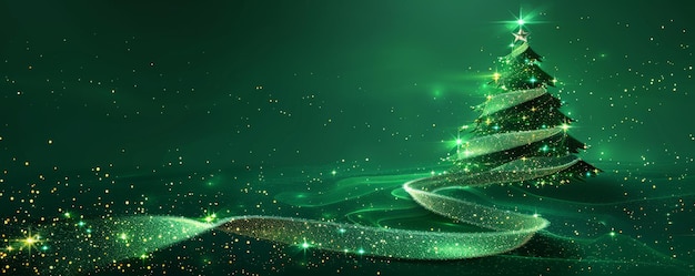 Fondo verde con estrellas relucientes y un árbol de Navidad hermosamente decorado