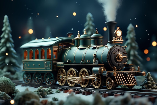 Fondo verde festivo de Navidad con un tren de juguete