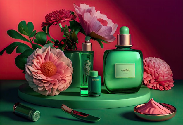 Un fondo verde con flores, cosméticos y otros artículos, incluida una botella de perfume y una flor en la parte superior de la mesa y un fondo verde con flores rosas Generar Ai