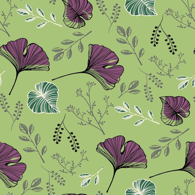 un fondo verde con flores púrpuras y hojas verdes