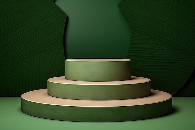 Fondo verde con formas geométricas de madera en un podio vacío abstracto Ideal para la demostración de productos