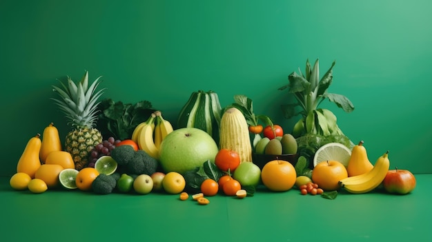 Un fondo verde con frutas y verduras.