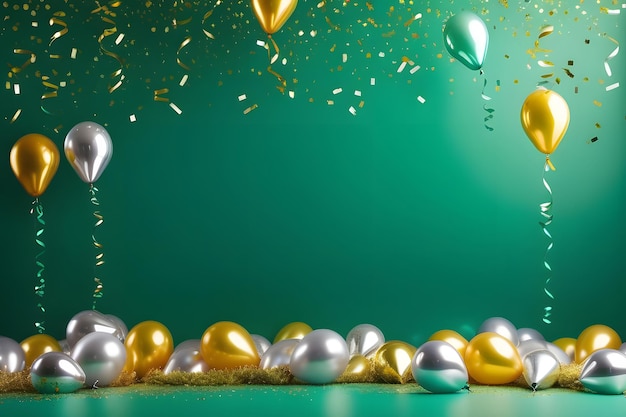 Foto fondo verde con globos de oro y plata y confeti para cumpleaños o celebración de año nuevo