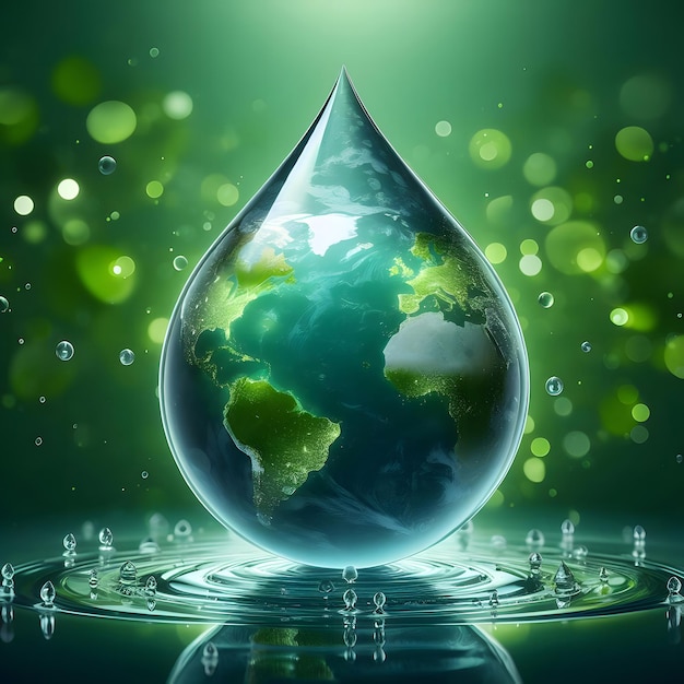 Fondo verde con gota de agua y concepto de globo generado por la IA.
