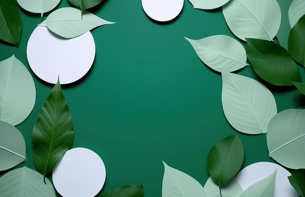 Fondo verde con hojas y círculos blancos sobre un fondo verde