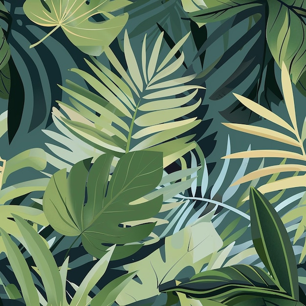 un fondo verde con hojas de palma y un fondo azul