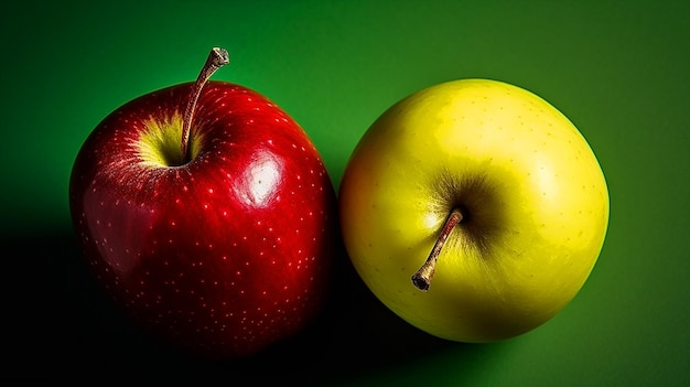 Un fondo verde con una manzana roja y una manzana verde.