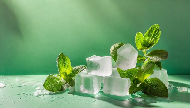 Fondo verde menta de verano con cubos de hielo congelados y hojas de plantas de interior