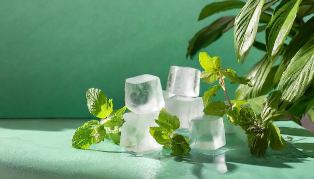 Fondo verde menta de verano con cubos de hielo congelados y hojas de plantas de interior