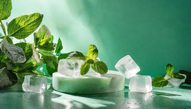 Fondo verde menta de verano con cubos de hielo congelados y hojas de plantas de interior