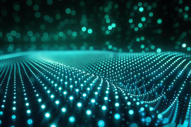 Fondo verde oscuro con un patrón de puntos azules de neón brillante la luz LED es brillante e iluminada