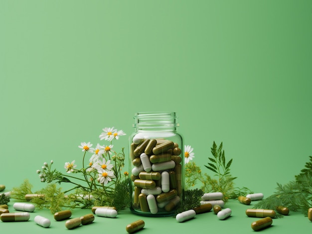 un fondo verde con pastillas y cápsulas en un frasco