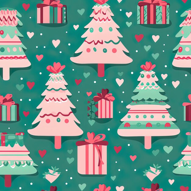 Foto un fondo verde con un patrón de árboles de navidad y corazones