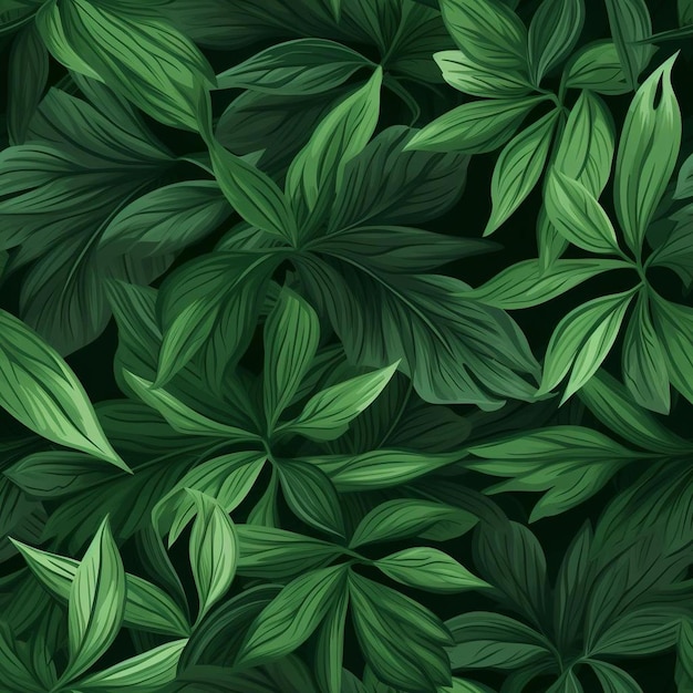 Un fondo verde con un patrón de plantas de diferentes colores.