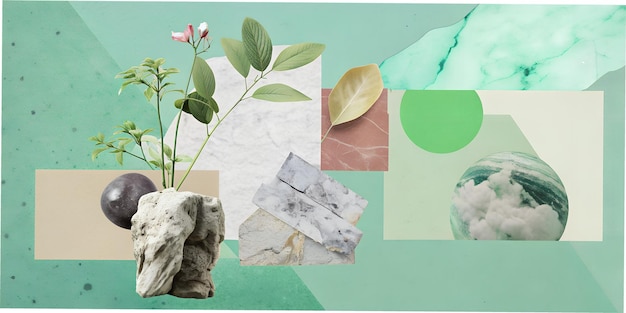 Foto un fondo verde con una planta y rocas