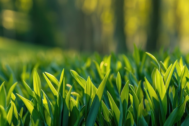 Fondo verde de primavera, primer plano de hierba fresca en un entorno al aire libre