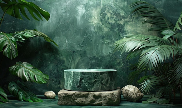 Fondo verde del producto con zócalo de piedra y hojas tropicales