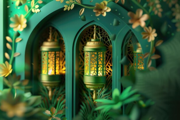 Fondo verde de Ramadan Kareem con linternas y hojas árabes