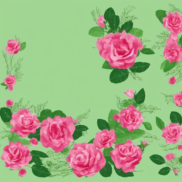 Un fondo verde con rosas y hojas