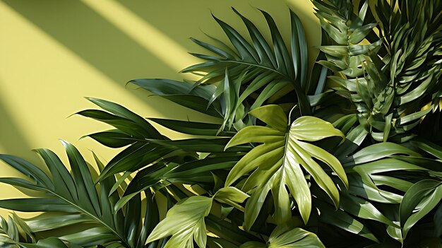 Fondo verde con sombra de hojas de palma Ecología naturaleza pureza y autenticidad IA generativa