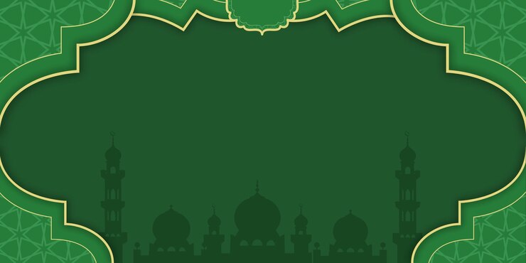 Fondo verde con temática islámica con siluetas de mezquitas y patrones geométricos