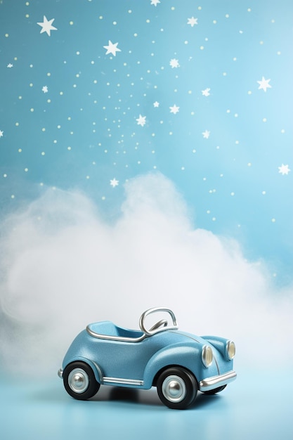 Fondo vertical azul con coche de juguete y espacio para copiar Es un fondo de niño con espacio vacío para texto Fiesta de invitación de cumpleaños o baby shower Anuncio de nacimiento de niño Día del hombre AI generativa