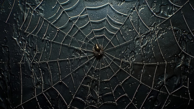 Foto el fondo vertical de halloween un artrópodo la araña está posada en su intrincada red de araña reluciente