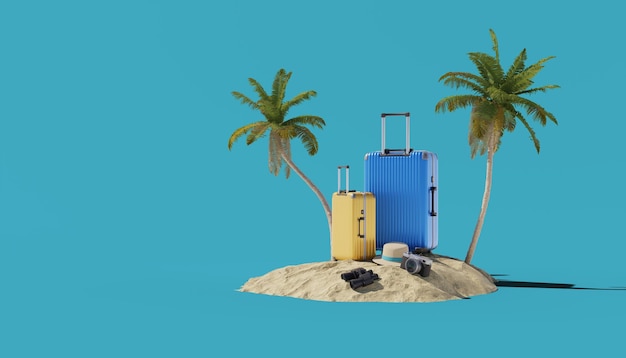 Fondo de viaje con palmera y bolsa de equipaje representación 3d