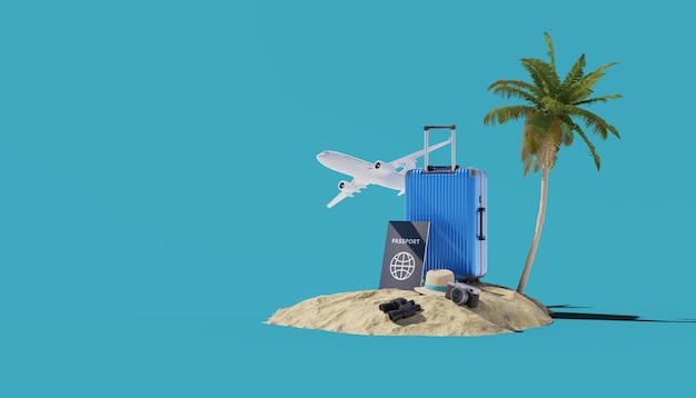 Fondo de viaje con renderizado 3d de avión y palmera