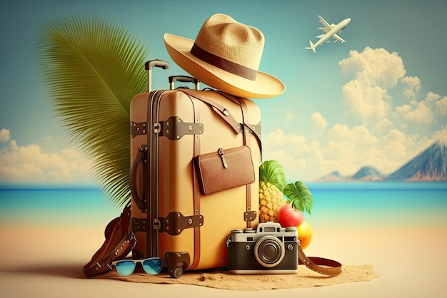 Fondo de viaje y viaje de vacaciones con maleta ai generativo