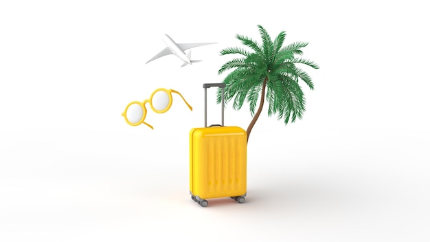 Fondo de viajes de verano Gafas avión palm amarillo equipaje aislado en blanco 3d render