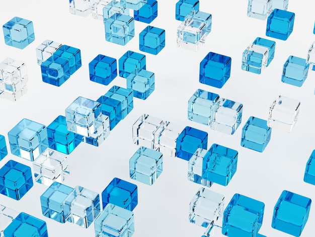 Fondo de vidrio azul abstracto renderizado en 3D con cubos de colores