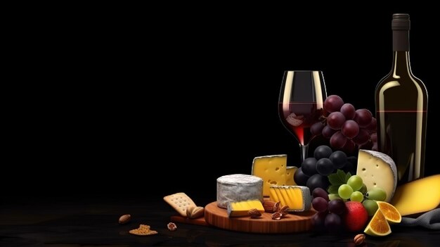 Fondo de vino y bocadillos Frutas de queso de vino sobre un fondo oscuro Ai generativo