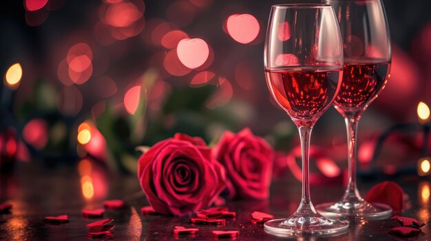 Fondo de vino y corazón de rosa de San Valentín